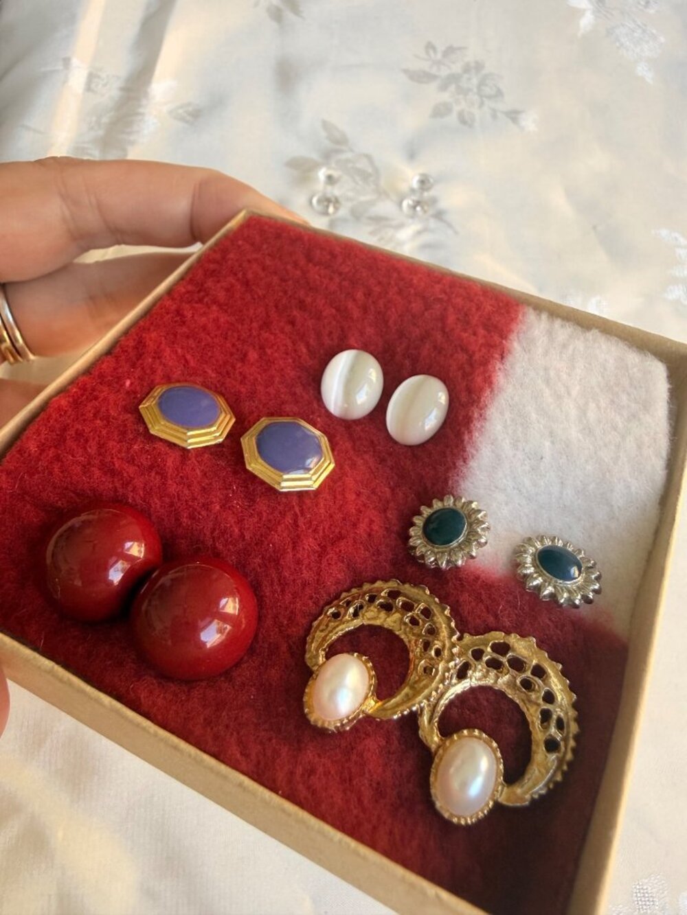 Vintage Pierced Earrings Set Of 5 Featuring Gold, Pearl, Red, Blue, Green Tones - Picture 4 of 10